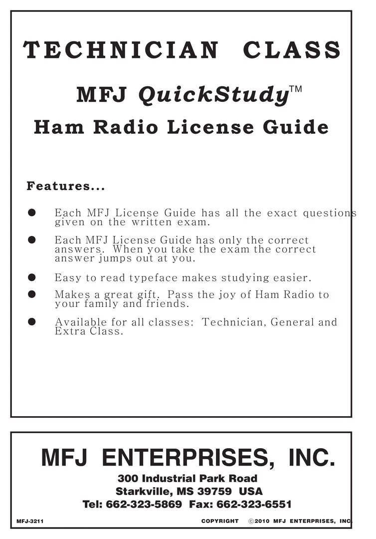 MFJ-3211, QUICK STUDY GUIDE, TECHNICIAN 3 MFJ-3211, QUICK STUDY GUIDE, TECHNICIAN